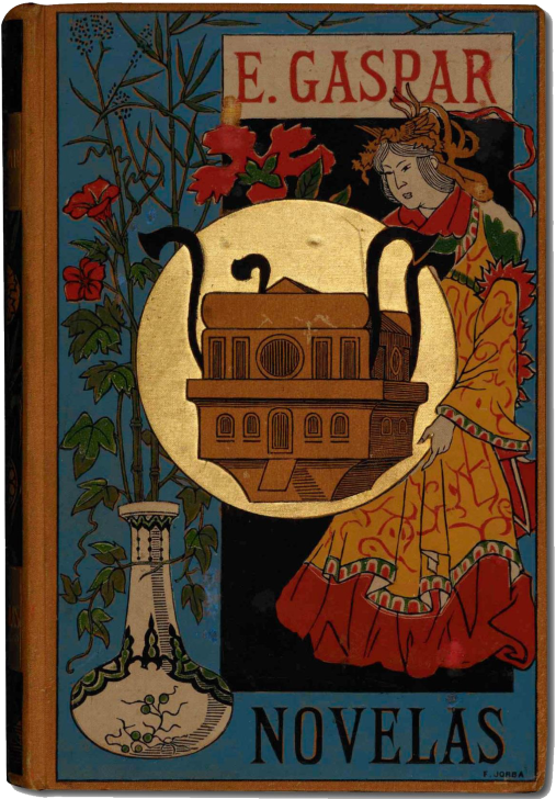 A flower plant in a vase and a Chinese woman holding a large shpere containing the flying time machine, El Anacronópete.