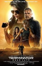 Linda Hamilton (as Sarah Connor), Arnold Schwarzenegger (as the Terminator),
                and two new characters stand defiantly as a Rev-9 terminator walks single-mindedly
                toward us all.