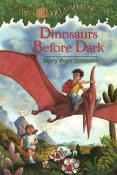 A happy young girl sits in front of a hesitant young boy with glasses and a
              backpack on the neck of a Pteranodon.