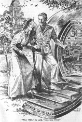 Pen-and-ink drawing of a young man in sporty 1950s clothes leading a young
                woman in old-fashioned clothes into a domed time ship.