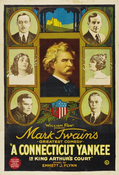 A portrait of Mark Twain surrounded by portraits of Harry Myers and five other actors from the 1921 movie.