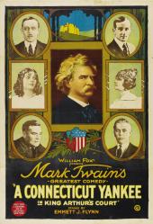 A portrait of Mark Twain surrounded by portraits of Harry Myers and five other
              actors from the 1921 movie.