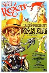 A big-headed Will Rogers, in a suit of armor, rides a 1930s car past a princess
                and a castle.