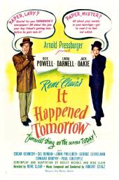 Dressed in fancy suits, Dick Powell (as Larry Stevens) and Linda Darnell (as
                Sylvia) hold up a banner announcing the cast of It Happened Tomorrow.