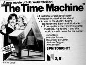 John Beck (as the traveler) and Priscilla Barnes (as Weena) appear behind a
                triangular, metal time machine.