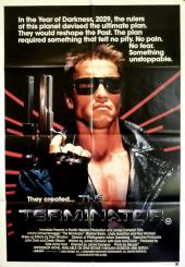 Gun-toting Arnold Schwarzenegger in his trademarked Terminator sunglasses and
                fingerless gloves.