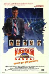 Peter Weller (as Buckaroo Banzai) stands calmly while behind him, a spaceship
                navagates a debris field.