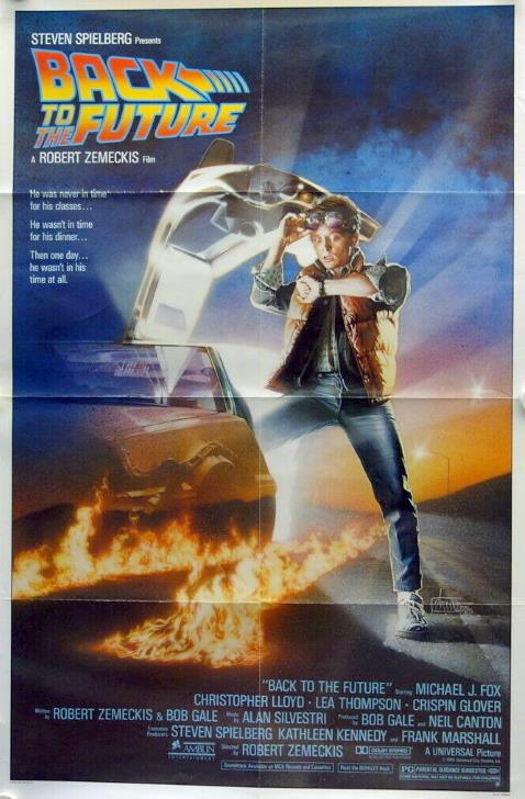 Michael J. Fox (as Marty McFly) emerges from the open door of the DeLorean onto two flaming tire tracks.