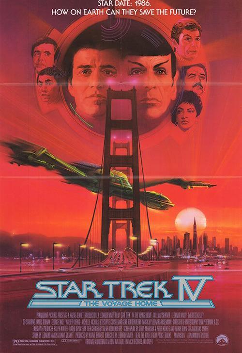 Headshots of the Enterprise crew overlook a Klingon ship passing over the Golden Gate bridge.