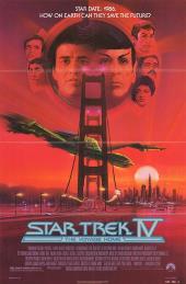 Headshots of the Enterprise crew overlook a Klingon ship passing over the
                Golden Gate bridge.