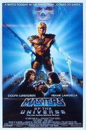 Bare-chested Dolph Lundgren (as He-Man) wields a sword in one hand and a
                futuristic gun in the other.