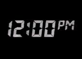 A white digital clock display on a black backgroiund shows twelve oh one P M.