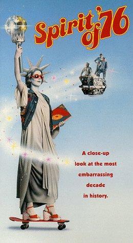 A skateboarding Statue of Liberty in 70s platform shoes is observed by three flying men from the future.