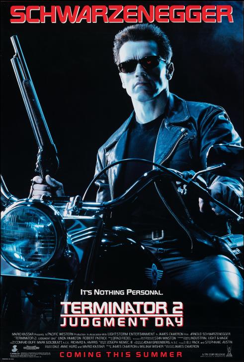 Shotgun-toting Arnold Schwarzenegger in his trademarked Terminator sunglasses sits stoically on his stolen motorcycle.