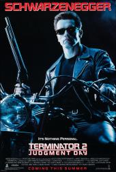Shotgun-toting Arnold Schwarzenegger in his trademarked Terminator sunglasses
                sits stoically on his stolen motorcycle.