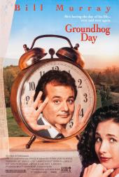 An apathetic Bill Murray (as Phil) is trapped in an alarm clock as fed-up Andie
                MacDowell (Rita) gives a patronizing smile.