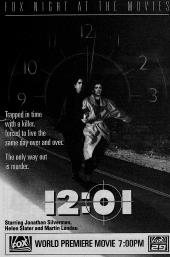 Jonathan Silverman (as Barry Thomas) and Helen Slater (as Lisa Fredericks) run
                down a dark highway with an analog clock showing 12:01 behind them.