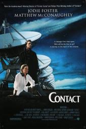 Jodie Foster (as Eleanor Arroway) sits at the feet of Matthew McConaughey (as
                Palmer Joss) in front of a receeding line of giant radio telescopes.