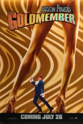 Gun-toting Mike Myers (as Austin Powers)--framed between long, gold,
                high-heeled legs--does his unique style of dance.