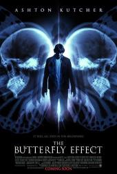 A downtrodden Ashton Kutcher (as Evan) stands between x-rays of two skulls
                superimposed on a giant monochrome butterfly.