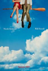 We see Nicole Kidman (as Samantha) and Will Ferrell (as Darrin) from the waist
              down, sitting on a broom, and descending from a partly cloudy sky.