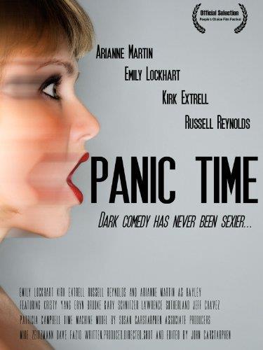 A side head profile of Emily Lockhart (as Elisa) shouting the words: Panic Time.