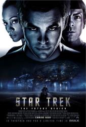 Head shots of Chris Pine (as Kirk), Zachary Quinto (as Spock), and Zoë Saldana
                (as Uhura) look down on Kirk motorcycling under the Enterprise.