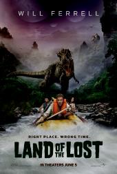 Will Ferrell (as Doctor Rick Marshall) and two cohorts frantically paddle away
              from a charging T rex.