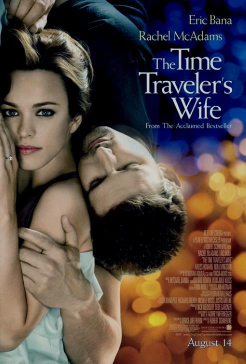 In an image turned sideways, Eric Bana (as Henry) lies on Rachel McAdams (as Clare), whose wedding ring is prominent. 