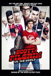 Pink-haired Mary Elizabeth Winstead (as Ramona Flowers) and Michael Cera (as
              Scott Pilgrim in red shirt and sweat bands on wrists) stand back-to-back in front of
              Ramona