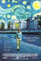 Hands in pockets, a casual Owen Wilson (as Gil) walks a cobbled sidewalk by the
                Seine with the sky above him taking the appearance of van Gogh