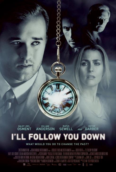 A shiny pocketwatch hangs in front of headshots of thoughtful Halley Joel Osment (as Erol), Gillian Anderson (as Marika), and two others.