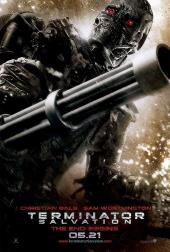 A red-eyed, skull-faced Terminator wields a Gatling gun.