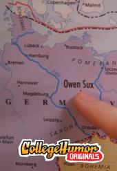 Owen points at Germany on a map, which has been renamed Owen Sux.