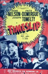 Black-and-white still shots from Timeslip including Gene Nelson (as Mike
              Delaney) in a fedora and Faith Domergue Tomelty (as Jill Rabowski) with a flash
              camera.