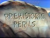 Title card from the cartoon Prehistoric Perils with the title coming in as the
              Mighty Mouse logo fades out.