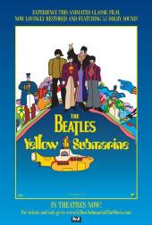John makes bunny ears above Paul as the psychedelic cartoon versions of the
              Beatles and Sergeant Pepper stand on a blue hill above a yellow submarine.