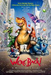 Five colorful cartoon dinosaurs and two kids parade down a modern city street