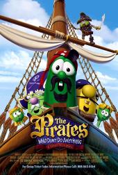 Larry the Cucumber, with a mustache and headscarf, sails at the prow of a
                pirate ship along with the other veggies.