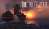 Title card from The Time Traveller, superimposed over a futuristic city with
                buildings in the sky.