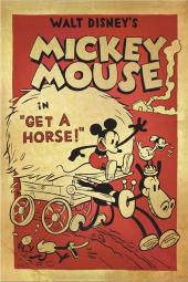 Mickey Mouse rides a hay wagon pulled by Horace Horsecollar in this 1920s-style
              poster.