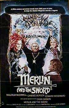Edward Woodward (as Merlin) raises both arms amid a montage of Malcolm McDowell (as Arthur), Candice Bergen (as Morgan Le Fay), and othe Camelot residents.