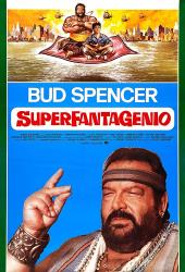 Bud Spencer (as the genie) and Luca Venantini (as Al Haddin) float on a magic
              carpet over a bay with helicopters in pursuit.