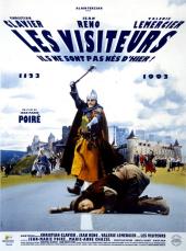 Jean Reno (as medieval knight Godefroy) approaches with his flail raised while
              Christian Clavier (as his servant Jacquouille) puts his ear to the surface of a
              modern-day road.
