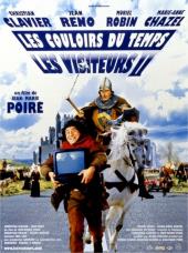 Jean Reno (as medieval knight Godefroy, the Comte de Montmirail) approaches
                with his flail raised while Christian Clavier (as his servant Jacquouille) runs ahead
                with a portable TV.