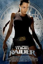 Angelina Jolie (as Lara Croft) in a jumpsuit with a gun in each hand.