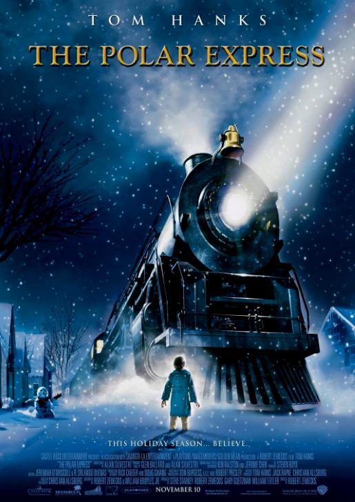 Out in the nighttime snow, a small boy stares up at an oncoming steam locomotive and its bright headlight.