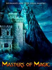 A castle in blue light with a conical mountain behind it.