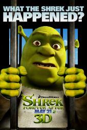 A dumbfounded Shrek (the green ogre) stares out from a jail cell.