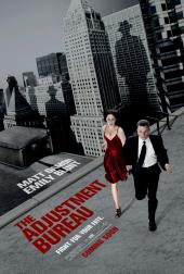 Emily Blunt (as Elise Sellas in a red evening dress) and Matt Damon (as David
                Norris in a black suit) race across a rooftop with shadows of a mysterious man on the
                background buildings.
